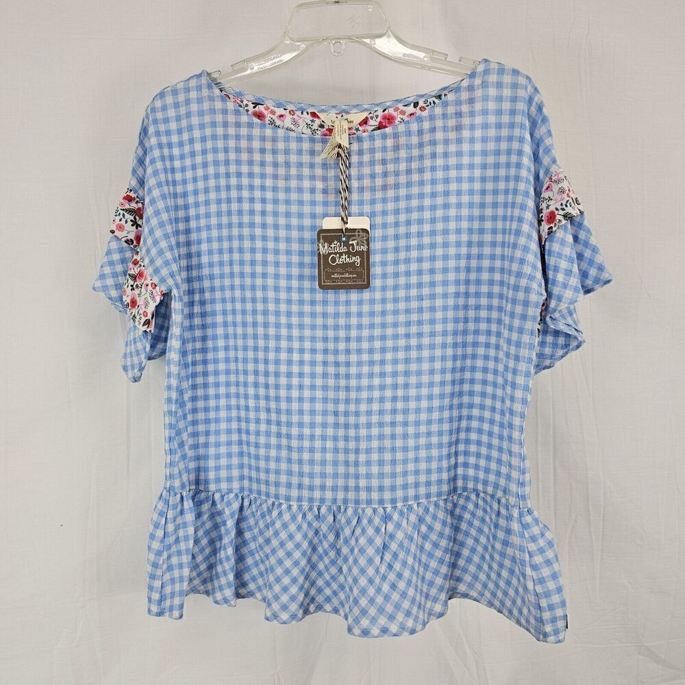 Matilda Jane • Rural Route Gingham Blue White Top Size XS Floral - Picture 2 of 8
